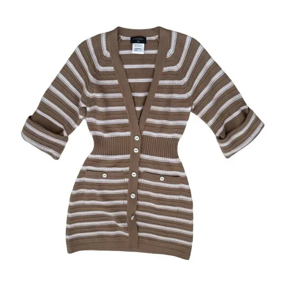 Chanel cashmere tan white striped dress size 38